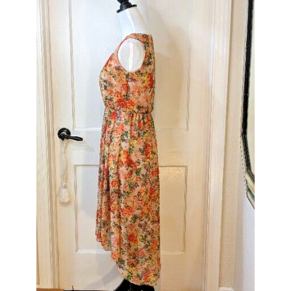 Y2K Chiffon Tapestry Slip Dress M Peach Floral Draped Pleats Hi-Lo Cottagecore - Picture 5 of 12
